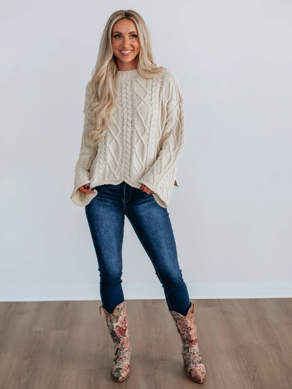 Le Lis Cream Cable Knit Crewneck Sweater
